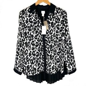 Chico’s Brianne Black White Leopard Print Pleated Back Long Sleeve Blouse size 8